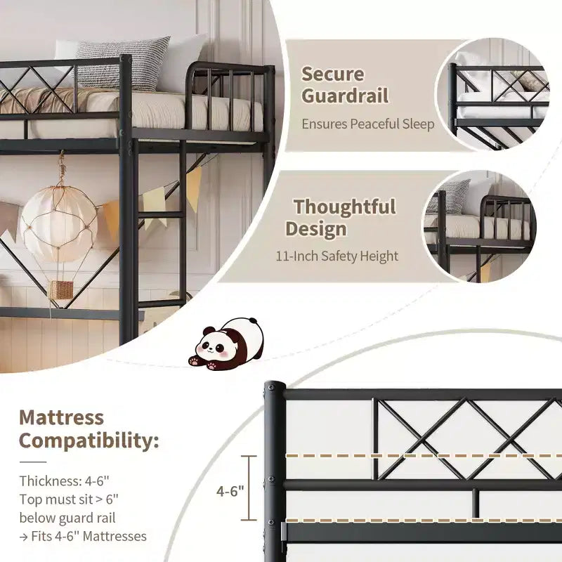 Lit superposé à deux lits jumeaux, garde-corps enveloppant, cadre entièrement en métal très robuste, conception gain de place avec espace sous le lit, montage en 30 minutes, sans sommier requis
