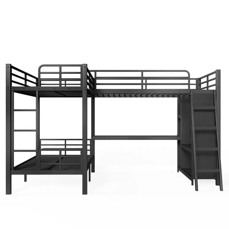 L-förmiges dreifaches Metall-Etagenbett mit Schreibtisch und Kleiderschrank