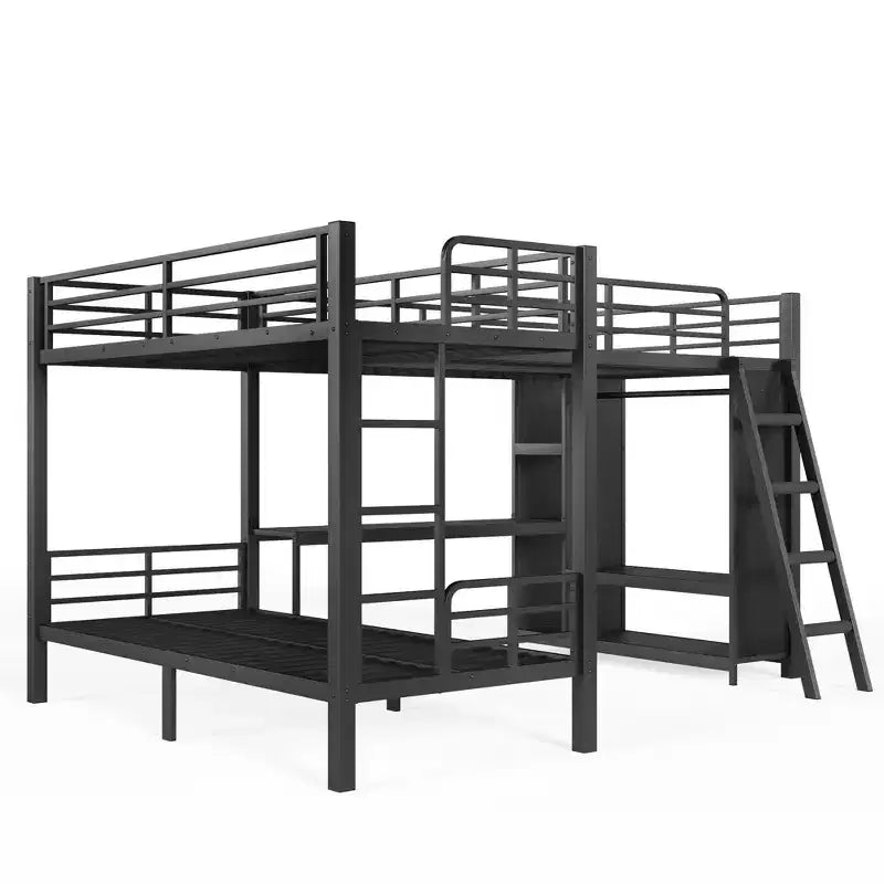 L-förmiges dreifaches Metall-Etagenbett mit Schreibtisch und Kleiderschrank