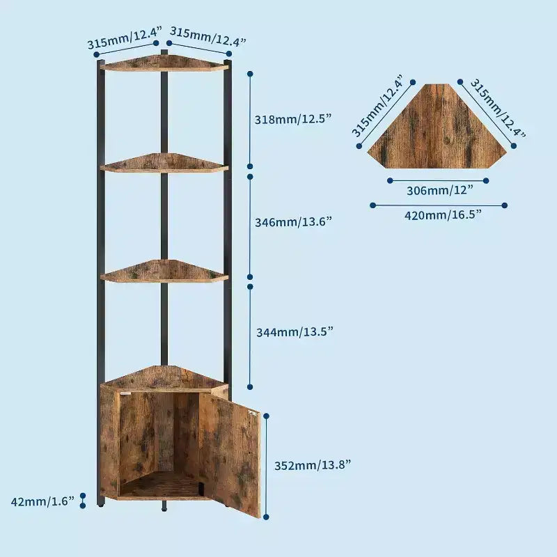 Estante rinconero de 5 niveles, librero estrecho de 58 de alto con estructura metálica y estantes de almacenamiento, estantería de exposición fácil de armar para la esquina de una pared, dormitorio o sala de estar