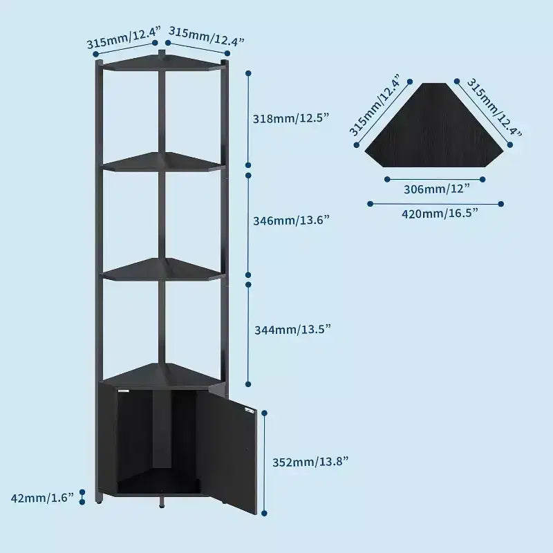 Estante rinconero de 5 niveles, librero estrecho de 58 de alto con estructura metálica y estantes de almacenamiento, estantería de exposición fácil de armar para la esquina de una pared, dormitorio o sala de estar