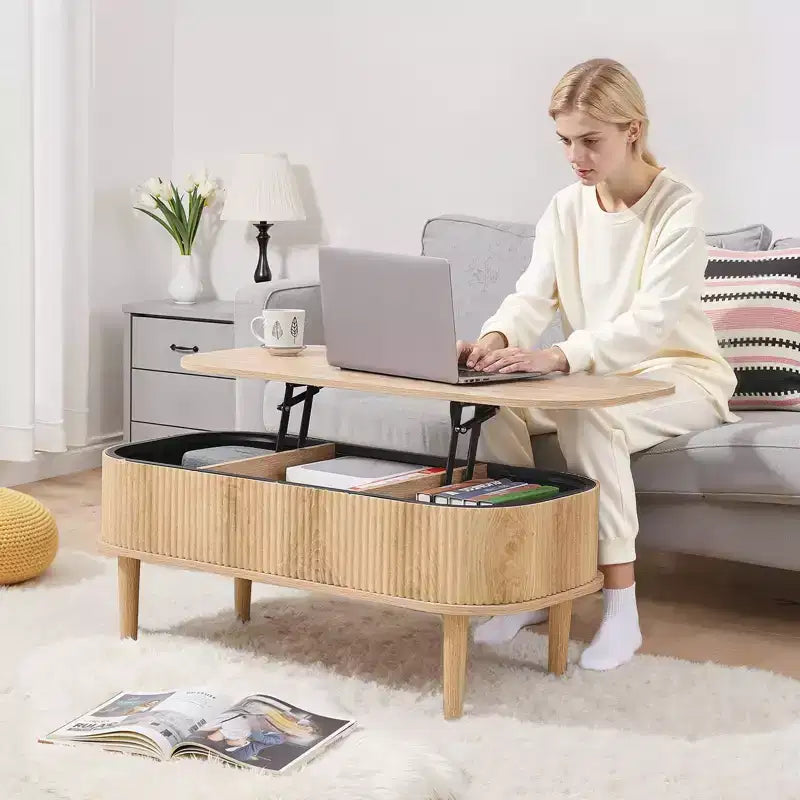 39.4 Zoll hoher Couchtisch mit Hubplatte, ovaler geriffelter Couchtisch mit 3 versteckten Fächern, ovaler Mitteltisch aus Holz im Mid-Century-Stil mit Stauraum