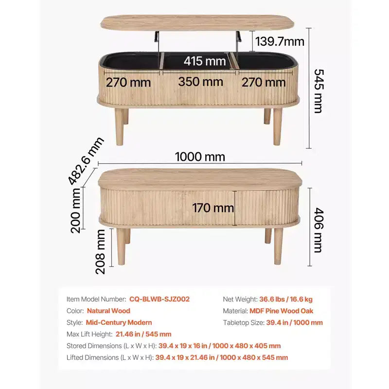 39.4 Zoll hoher Couchtisch mit Hubplatte, ovaler geriffelter Couchtisch mit 3 versteckten Fächern, ovaler Mitteltisch aus Holz im Mid-Century-Stil mit Stauraum