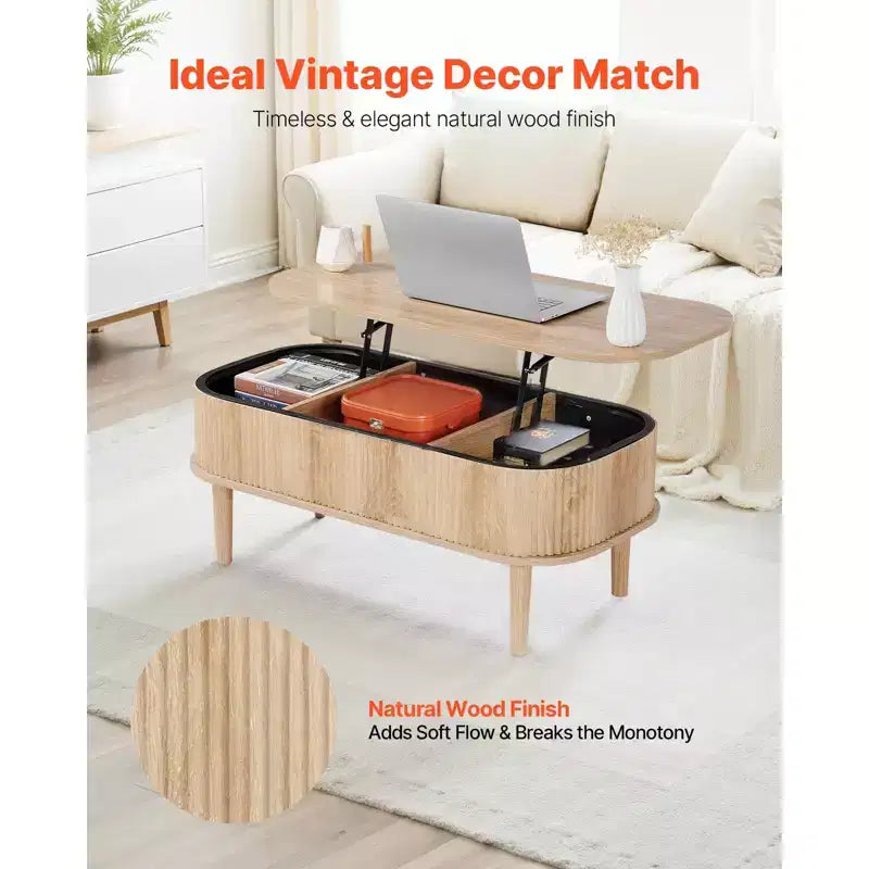 39.4 Zoll hoher Couchtisch mit Hubplatte, ovaler geriffelter Couchtisch mit 3 versteckten Fächern, ovaler Mitteltisch aus Holz im Mid-Century-Stil mit Stauraum