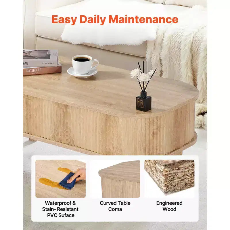 39.4 Zoll hoher Couchtisch mit Hubplatte, ovaler geriffelter Couchtisch mit 3 versteckten Fächern, ovaler Mitteltisch aus Holz im Mid-Century-Stil mit Stauraum