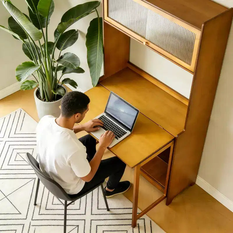 Bureau pliant moderne de 63 en bambou avec étagères