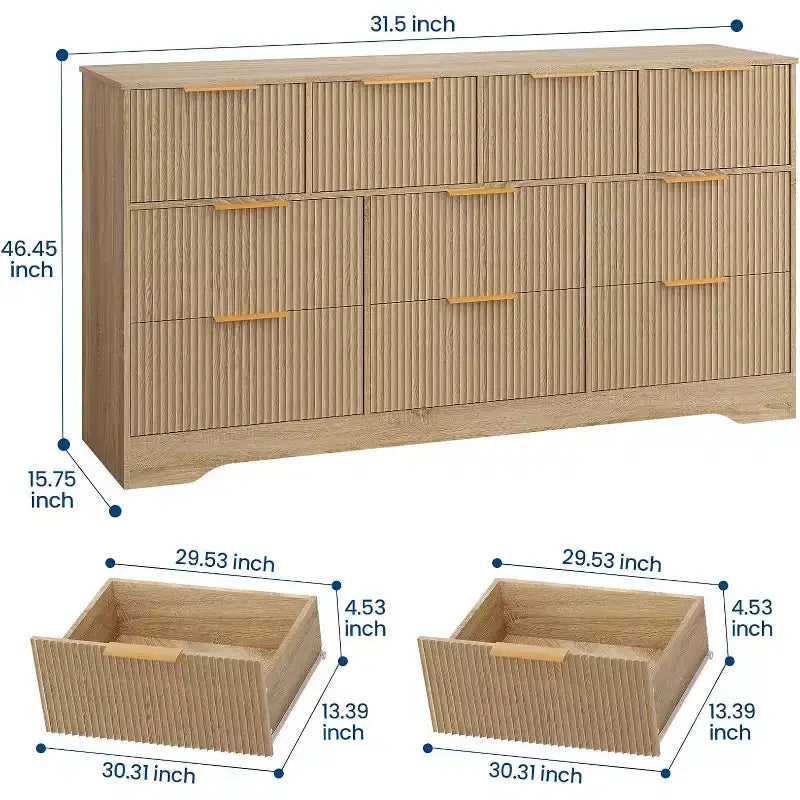 Moderne Kommode mit 10 geriffelten Schubladen, eleganten Metallgriffen, kippsicherer Aufbewahrungsorganizer für Schlafzimmer und Wohnzimmer