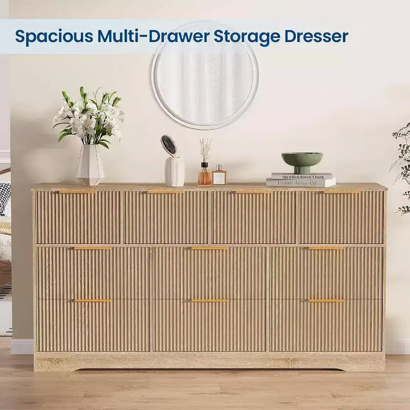 Commode moderne à 10 tiroirs cannelés, élégantes poignées en métal, organisateur de rangement anti-basculement pour chambre ou salon
