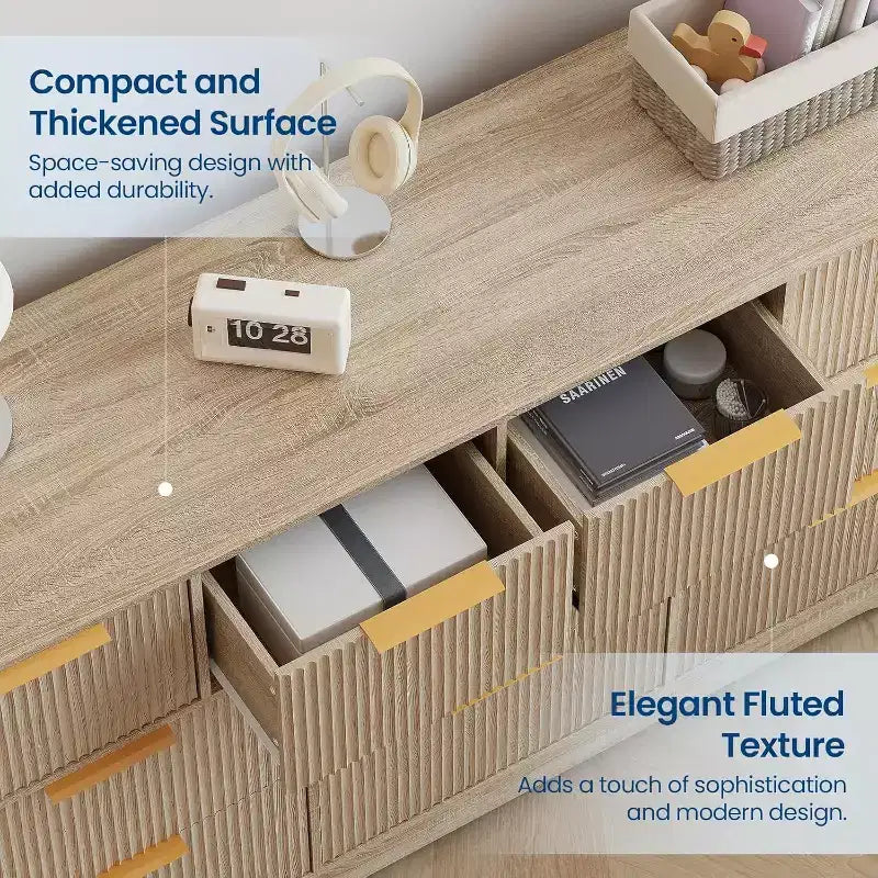 Commode moderne à 10 tiroirs cannelés, élégantes poignées en métal, organisateur de rangement anti-basculement pour chambre ou salon