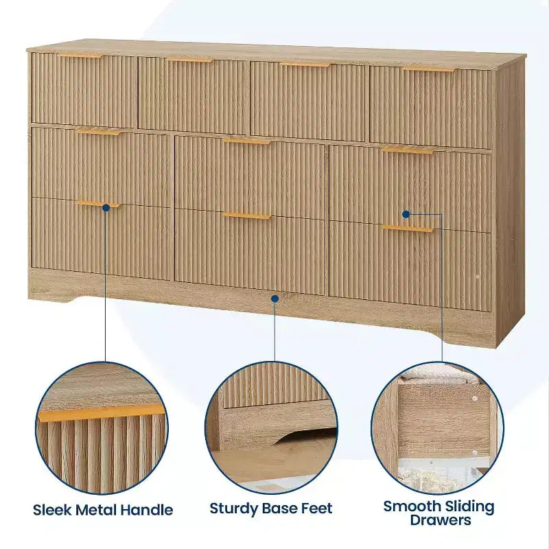 Commode moderne à 10 tiroirs cannelés, élégantes poignées en métal, organisateur de rangement anti-basculement pour chambre ou salon