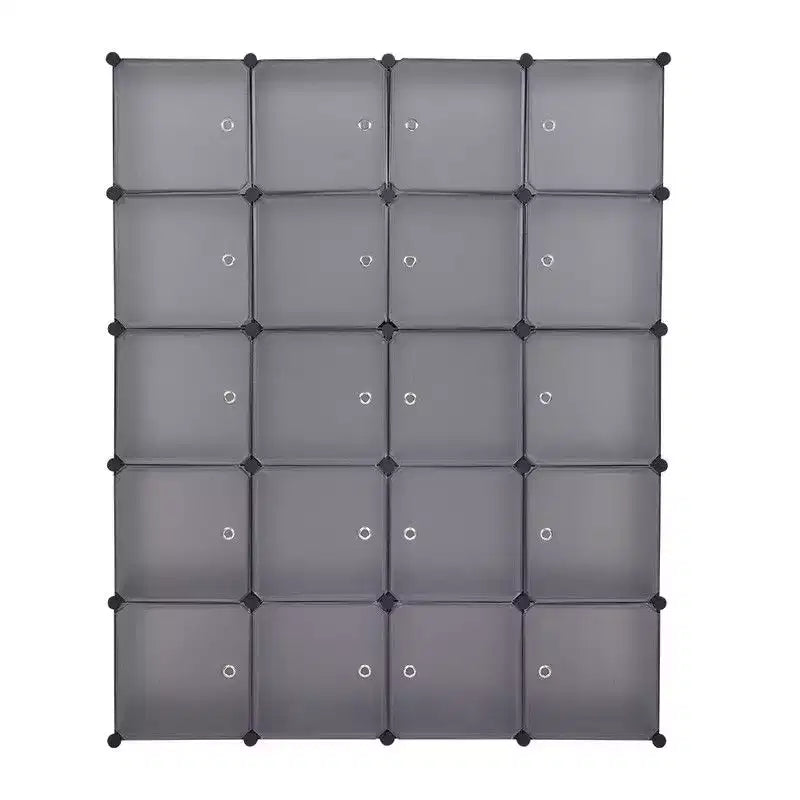 Modularer Kleiderschrank mit 20 Fächern, 1 Kleiderstange, 5-stufiger DIY-Aufbewahrungsorganizer aus grauem Kunststoff