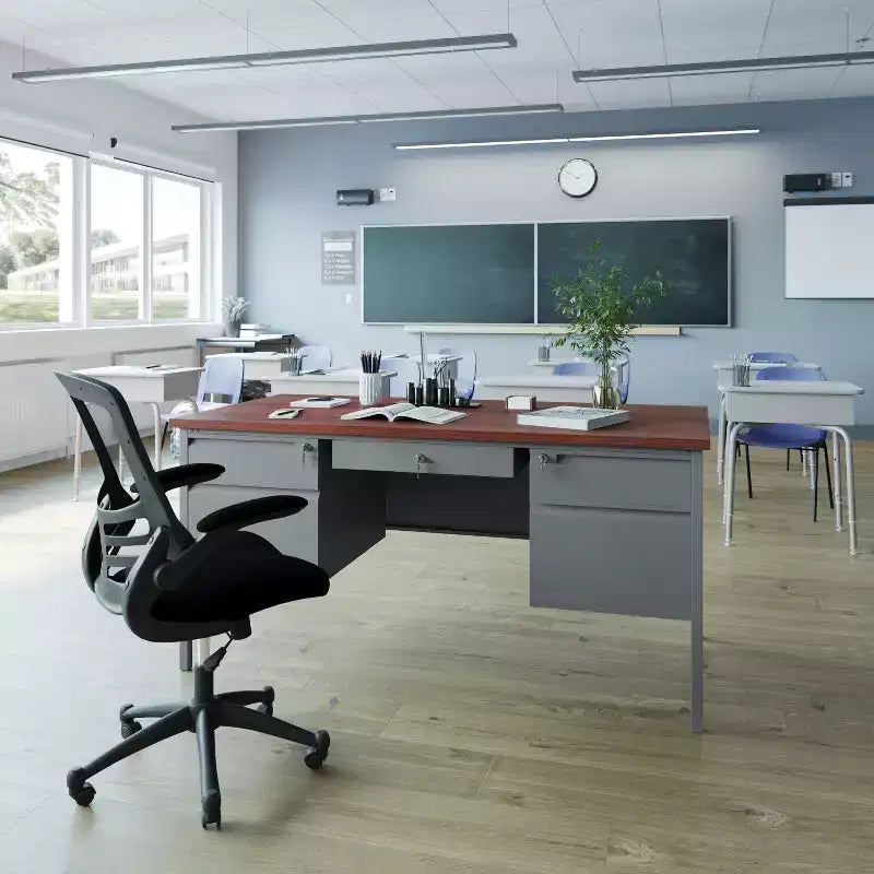 Bureau à double piètement de qualité commerciale, 30x60, avec 5 tiroirs verrouillables, plateau en acajou et piètement gris anthracite