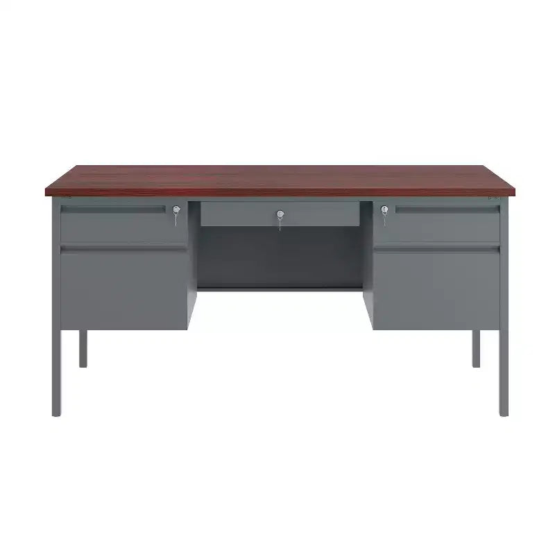 Bureau à double piètement de qualité commerciale, 30x60, avec 5 tiroirs verrouillables, plateau en acajou et piètement gris anthracite