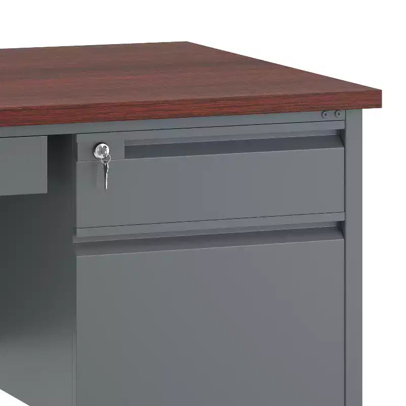 Bureau à double piètement de qualité commerciale, 30x60, avec 5 tiroirs verrouillables, plateau en acajou et piètement gris anthracite