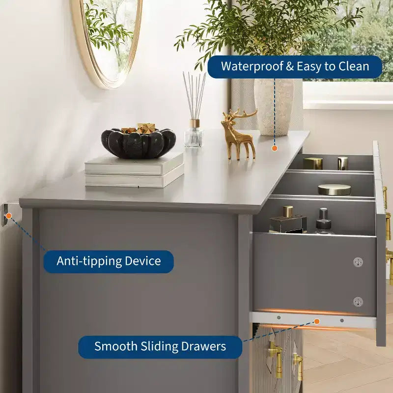 Aparador moderno blanco de 55 pulgadas con puertas de vidrio y espacio de almacenamiento, mesa de recibidor de madera resistente, organizador multifuncional para cocina, dormitorio y sala de estar