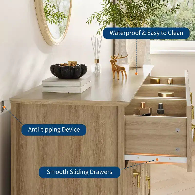 Aparador moderno blanco de 55 pulgadas con puertas de vidrio y espacio de almacenamiento, mesa de recibidor de madera resistente, organizador multifuncional para cocina, dormitorio y sala de estar
