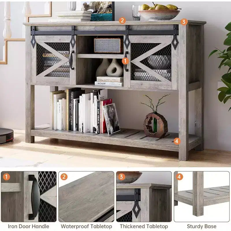 Console de style rustique pour entrée ou canapé, étroite et de 46 pouces, avec portes coulissantes de grange et étagères de rangement, idéale pour décorer un vestibule ou un salon