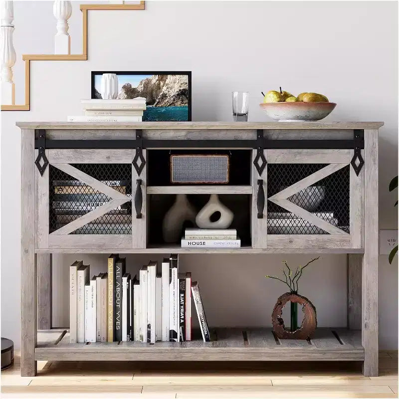 Console de style rustique pour entrée ou canapé, étroite et de 46 pouces, avec portes coulissantes de grange et étagères de rangement, idéale pour décorer un vestibule ou un salon