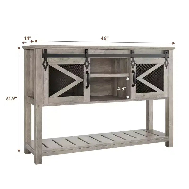 Console de style rustique pour entrée ou canapé, étroite et de 46 pouces, avec portes coulissantes de grange et étagères de rangement, idéale pour décorer un vestibule ou un salon