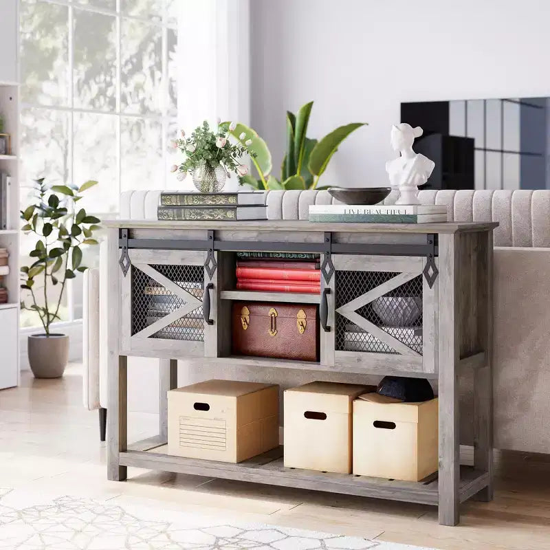 Console de style rustique pour entrée ou canapé, étroite et de 46 pouces, avec portes coulissantes de grange et étagères de rangement, idéale pour décorer un vestibule ou un salon